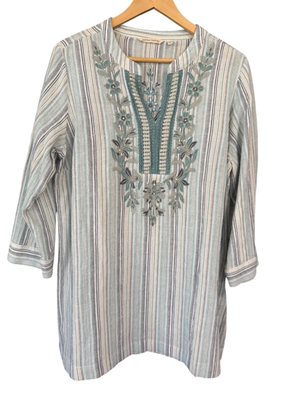 Soft Surroundings Teal, Light Gray & White Striped Embroidered Tunic - Picture 2 of 11